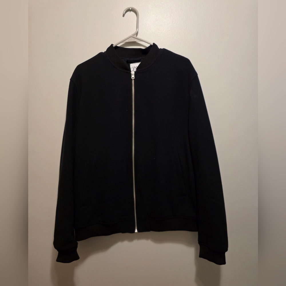Zara Black Bomber Jacket with Ribbed Collar